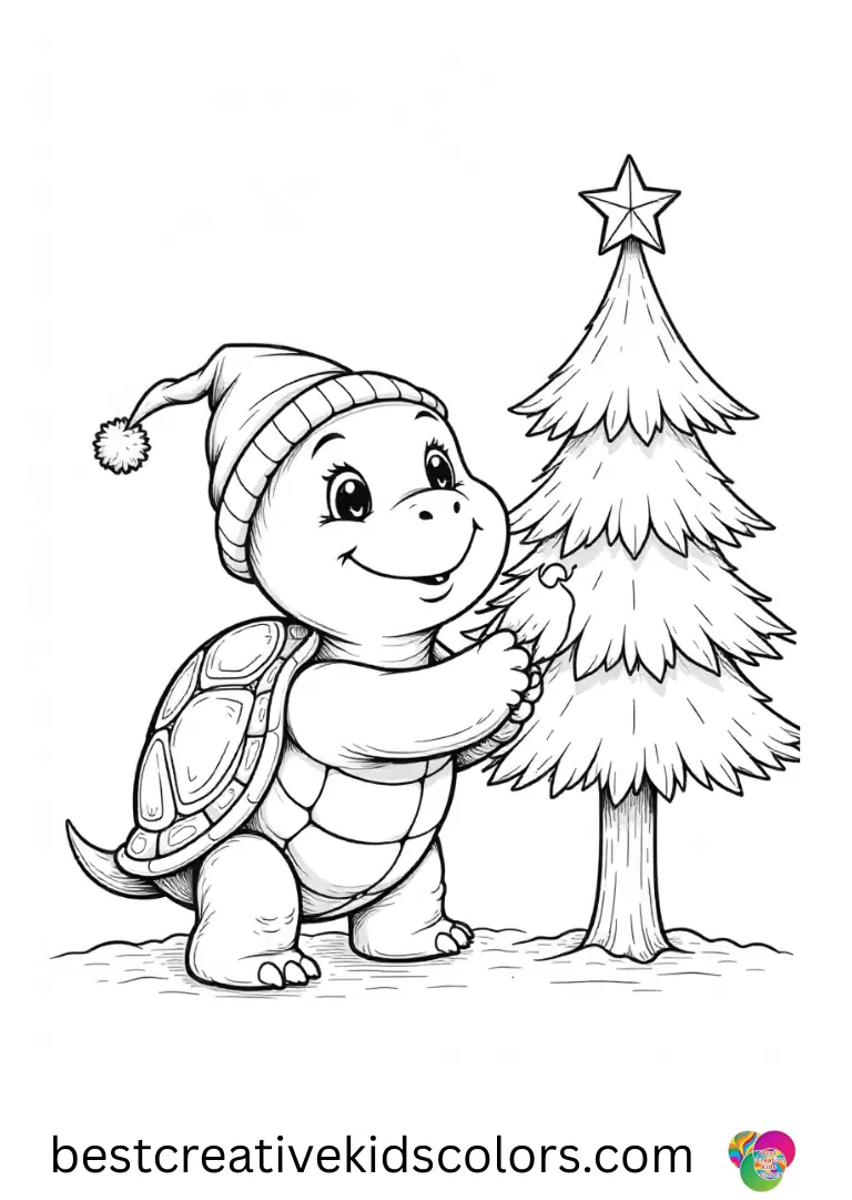 In Cute turtle wearing a holiday hat coloring page easy, a turtle decorates a miniature tree with tiny ornaments.
