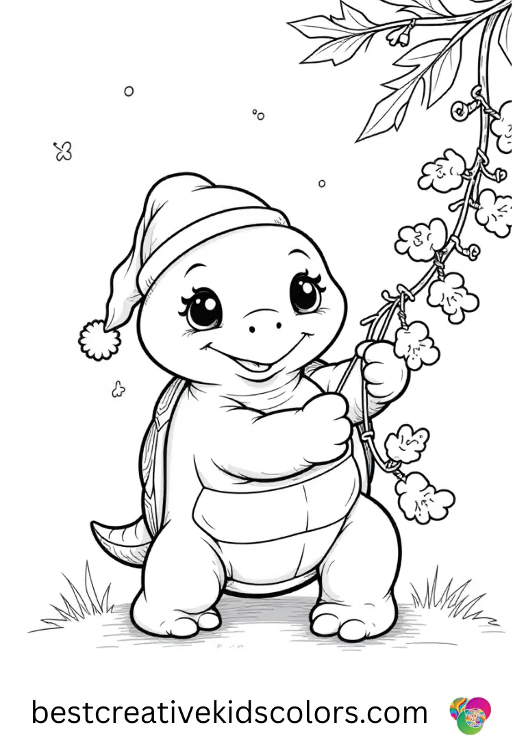 Cute turtle wearing a holiday hat coloring page free features a turtle stringing popcorn garlands along branches.