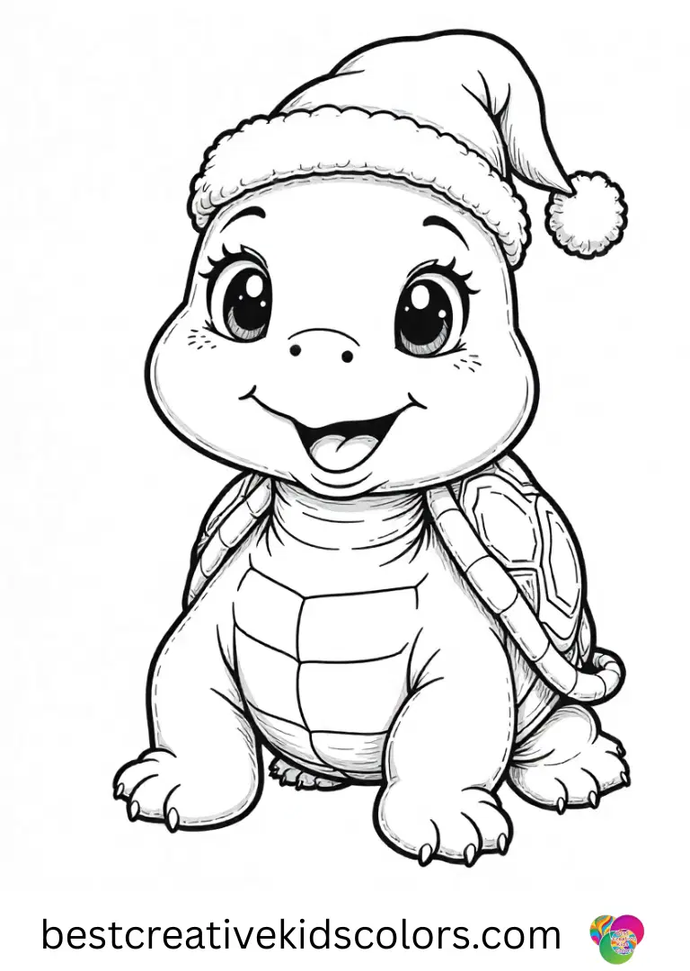 A turtle wraps a small gift carefully in Cute turtle wearing a holiday hat coloring page pdf scene.