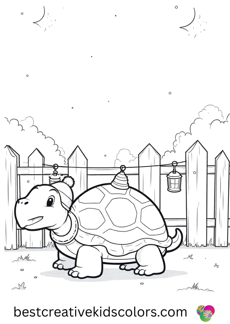 Cute turtle wearing a holiday hat coloring page printable shows a turtle hanging glowing lanterns along a fence.