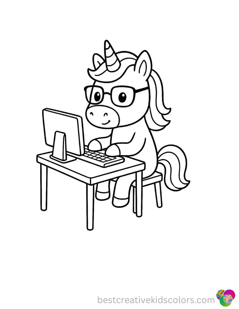 A smart unicorn in Cute unicorn pictures to print and colour types a letter on a keyboard.