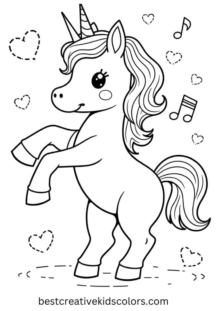 A unicorn twirls happily to music surrounded by hearts — this printable Unicorn Coloring Page brings joy to every colorer.