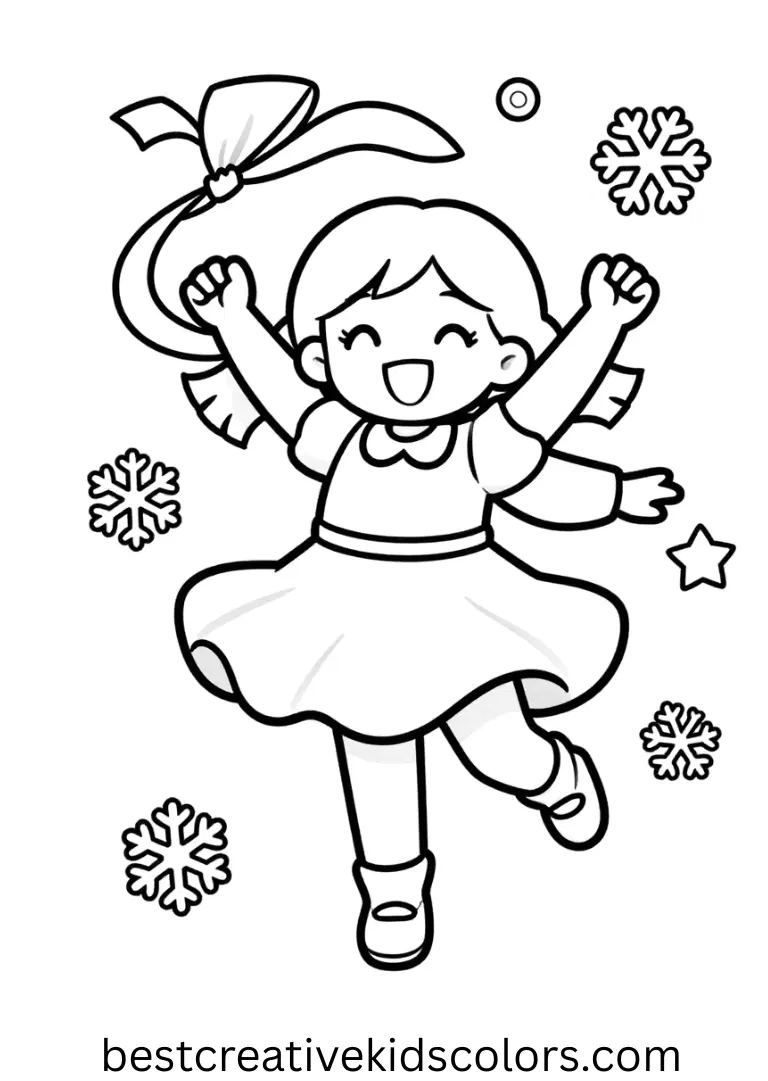 Dancing girl coloring pages Dancing girl coloring pages show a joyful girl twirling with ribbons in a snowy park.