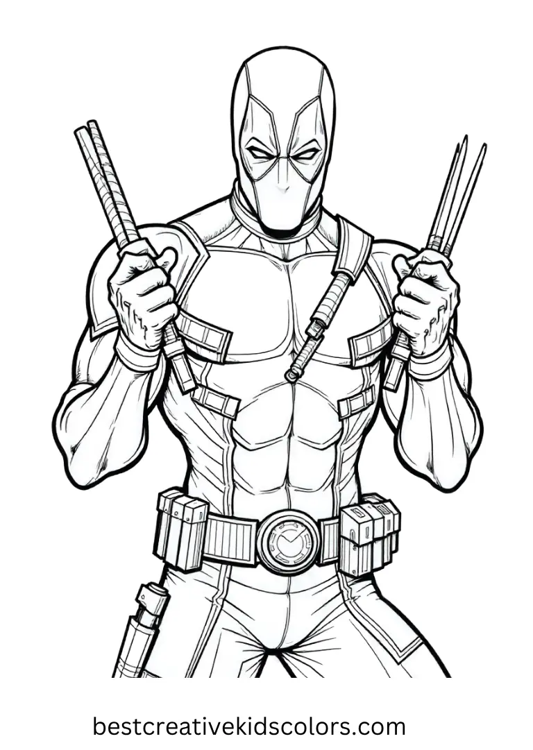 Fill this page with color as Deadpool swaps Wolverine’s claws for candy canes.