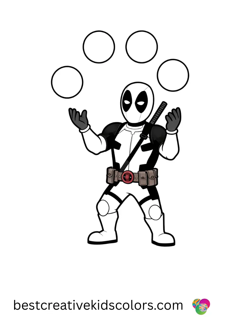 Deadpool practices juggling colorful juggling balls for the first time in Deadpool Coloring pages for Adults.
