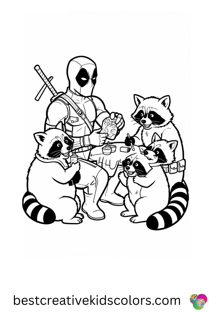 Deadpool befriends a family of raccoons while sharing snacks in Deadpool coloring pages animals.