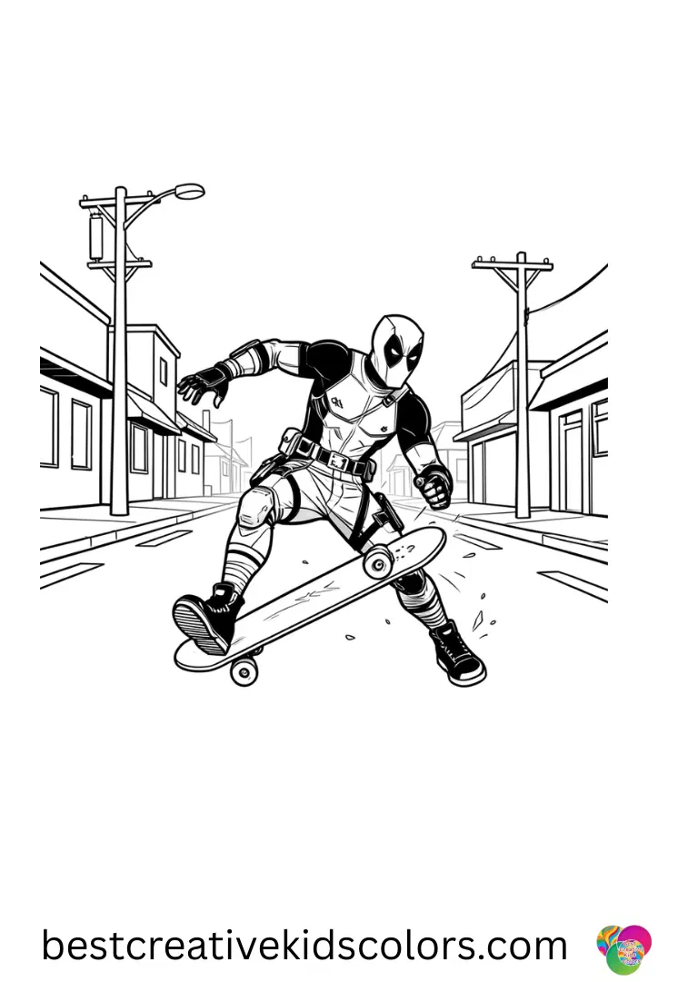 Deadpool races a skateboard down a sunny street in this fun Deadpool coloring pages free.