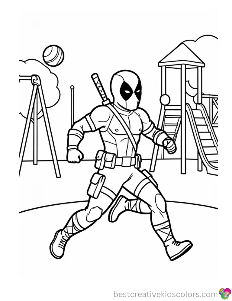 Deadpool chases bouncing balls across a playground in Deadpool coloring pages funny pdf.