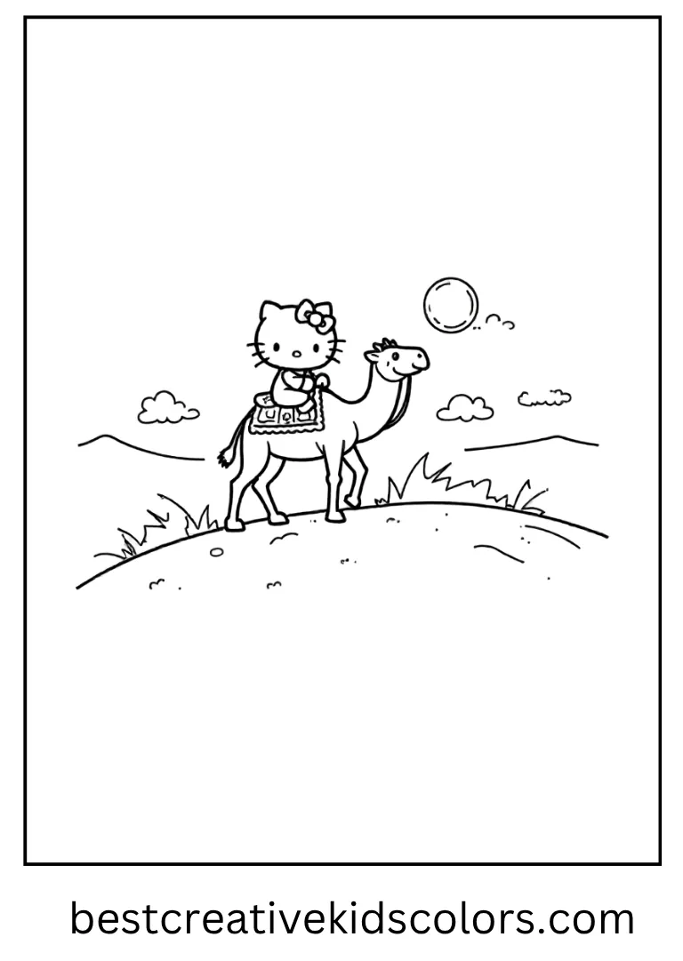 She smiles while riding a gentle camel with a couple of dunes behind them.