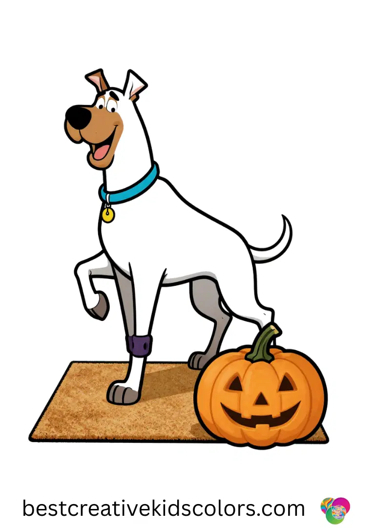 Scooby hops onto a doormat and pauses in Dessin Scooby Doo couleur near a round pumpkin.