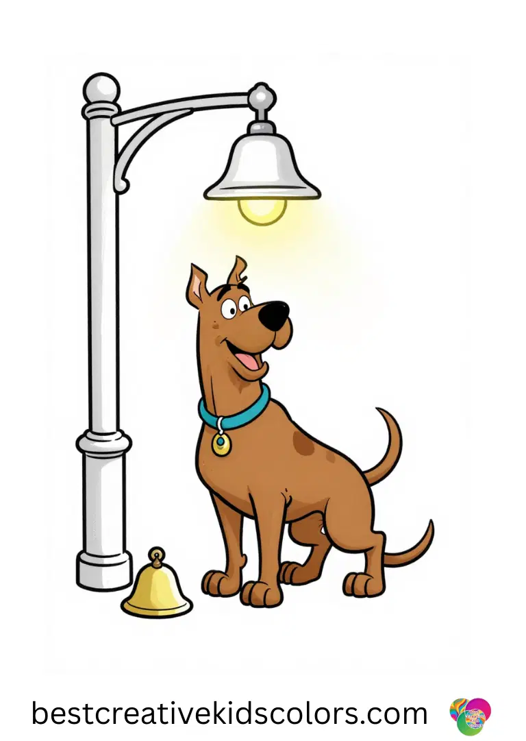 Scooby gently hums while polishing a bell in Dessin Scooby Doo facile under a quiet porch light.