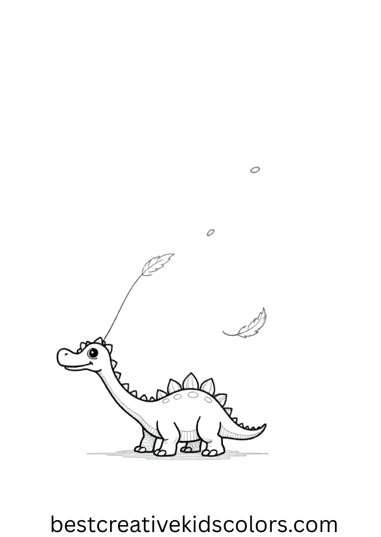 Dinosaur Colouring Book shows a dinosaur stretching its neck to peek at a drifting feather.
