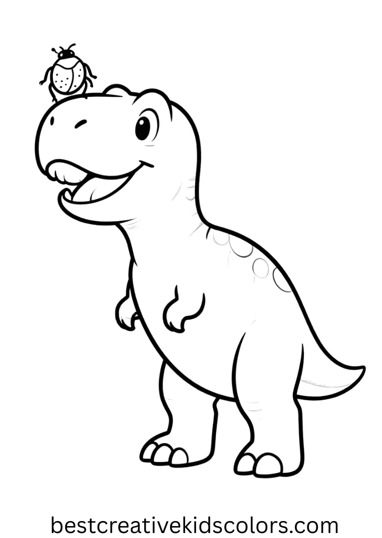 Dinosaur coloring page t rex easy shows a bright T-Rex observing a beetle climbing a twig.