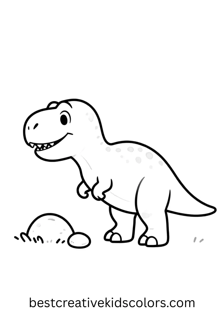 Dinosaur coloring page t rex pdf depicts a T-Rex gently nudging a smooth pebble toward a tiny hill.