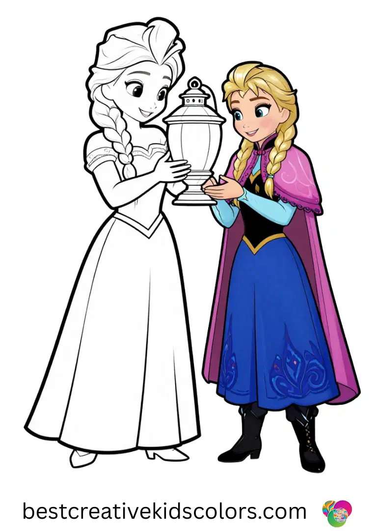 Disegni frozen da colorare online Explore online Frozen scenes with Elsa and Anna arranging glittering snow lanterns.