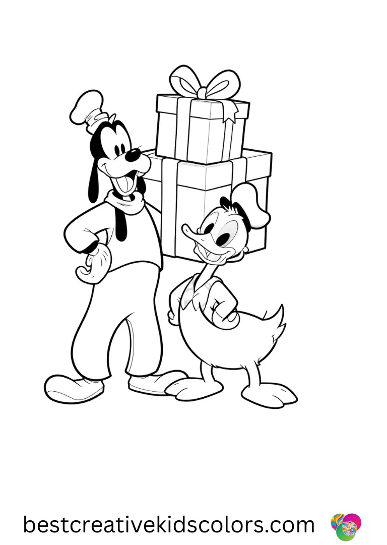 Disney Christmas coloring pages Printable PDF Disney Christmas coloring pages Printable PDF depicts Goofy and Donald wrapping giant presents.