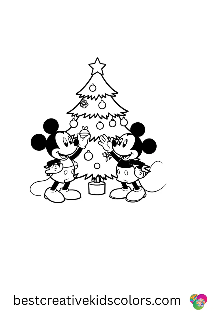 Disney Christmas coloring pages Disney Christmas coloring pages show Mickey and Minnie decorating a sparkling tree together.