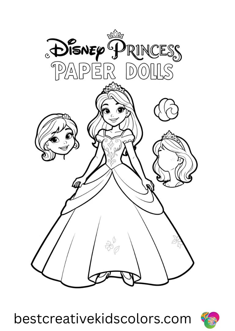 Disney Princess Paper dolls depicts princesses coloring paper accessories for dolls.