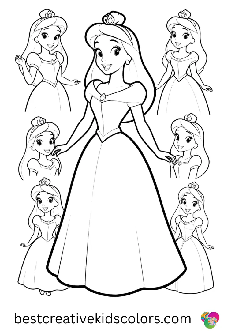 Disney Princess colouring Pages PDF shows princesses making patterns with stickers.