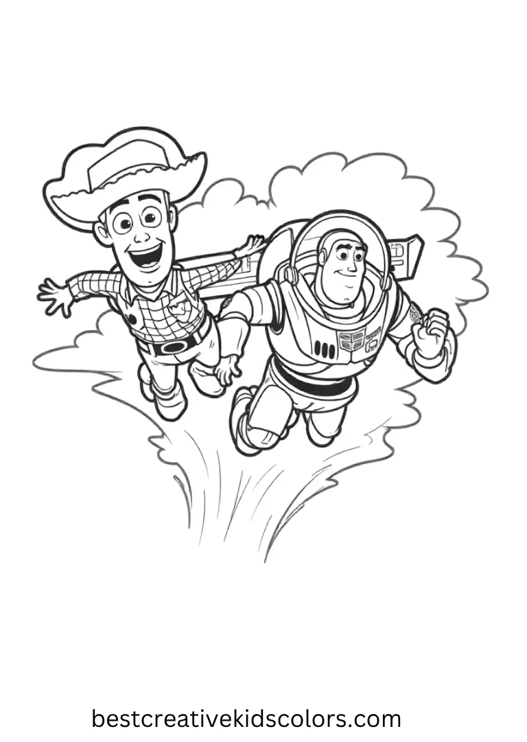 Color the friends soaring through clouds in cheerful action.