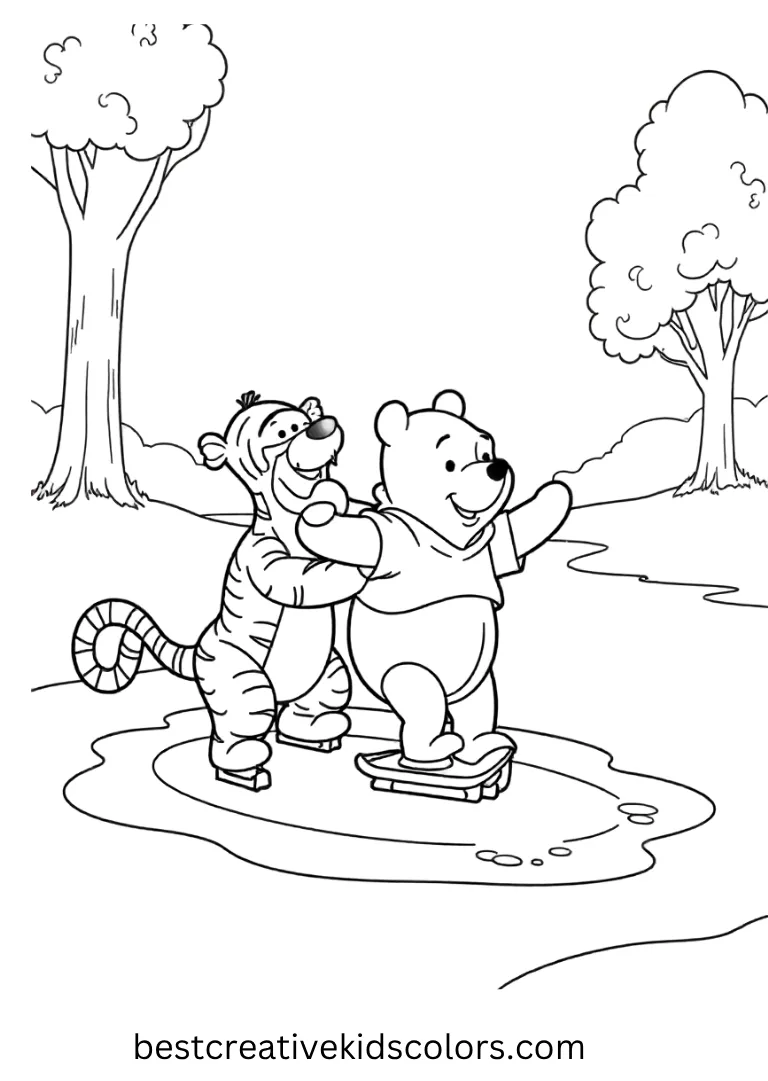 Disney Winnie the Pooh Coloring Pages – Pooh and Tigger Ice Skating Pooh and Tigger glide happily on a frozen pond in the snow.
