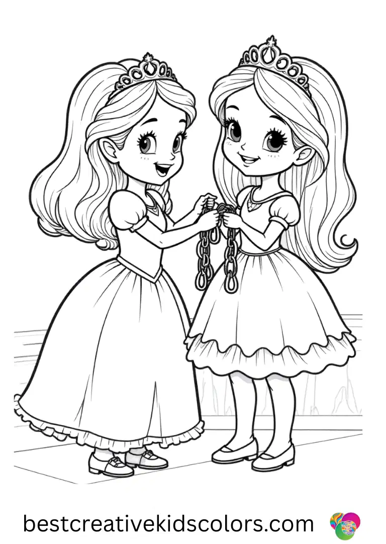 Disney coloring for girls shows princesses threading paper loops into chains.