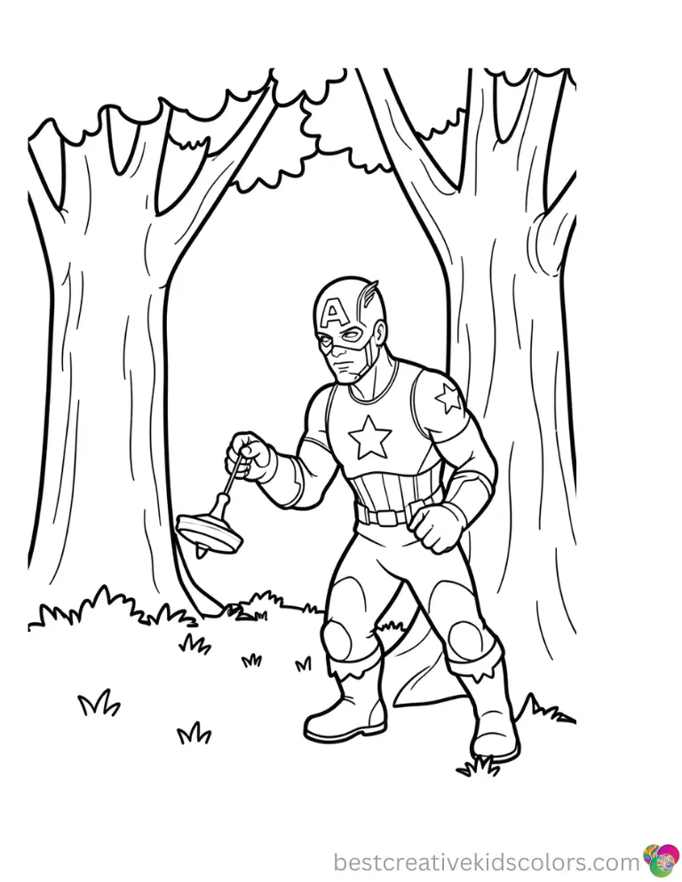 Spinning a small wooden top near a tree, Disney coloring pages captain america enjoys quiet play.