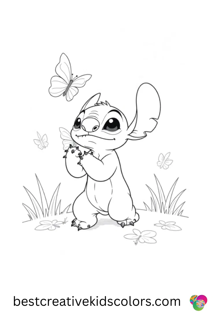Stitch carefully feeds colorful butterflies in Disney cute stitch coloring pages animals.