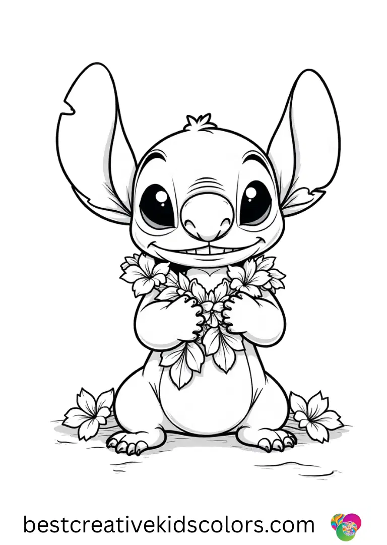 Stitch arranges tropical flowers in Disney cute stitch coloring pages for adults.