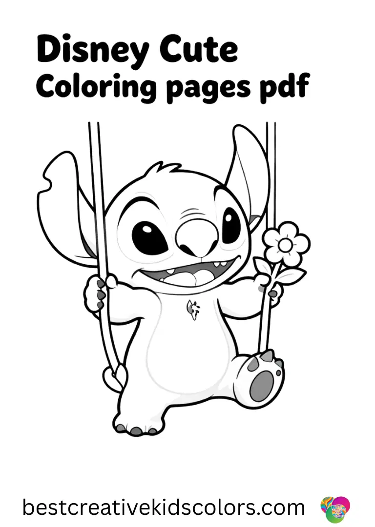Stitch swings from vines holding flowers in Disney cute stitch coloring pages pdf.
