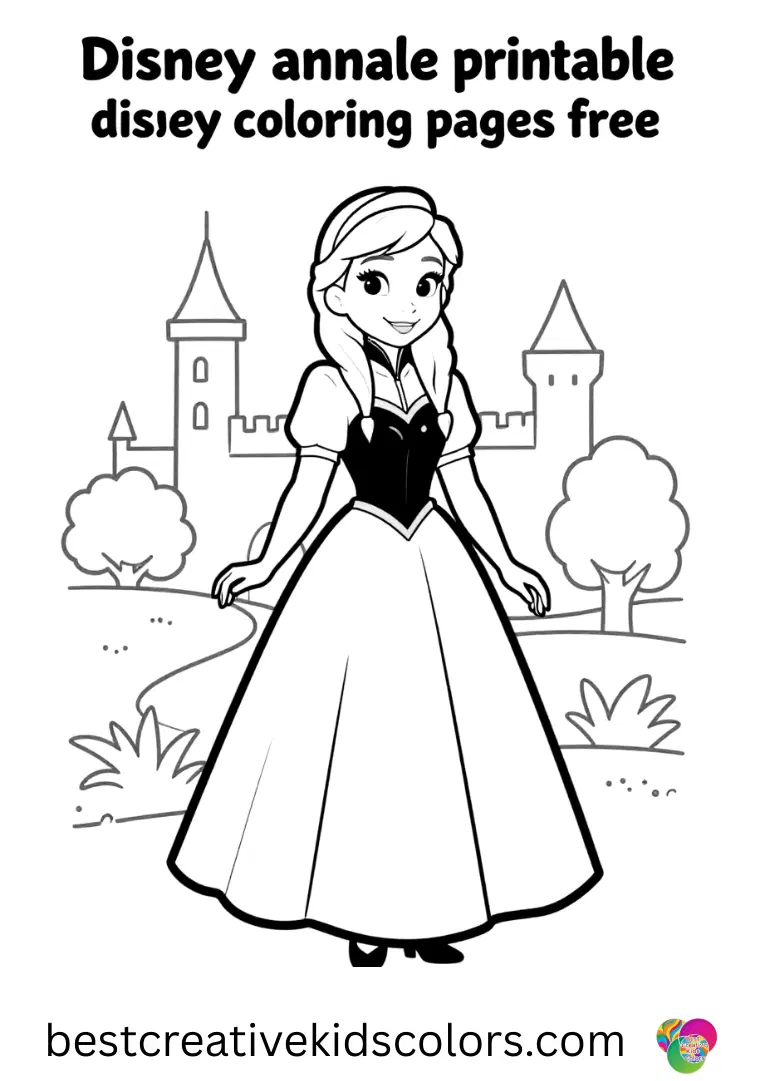 Disney princess anna printable disney coloring pages free Color Anna exploring castle gardens in clear, easy-to-fill pages.