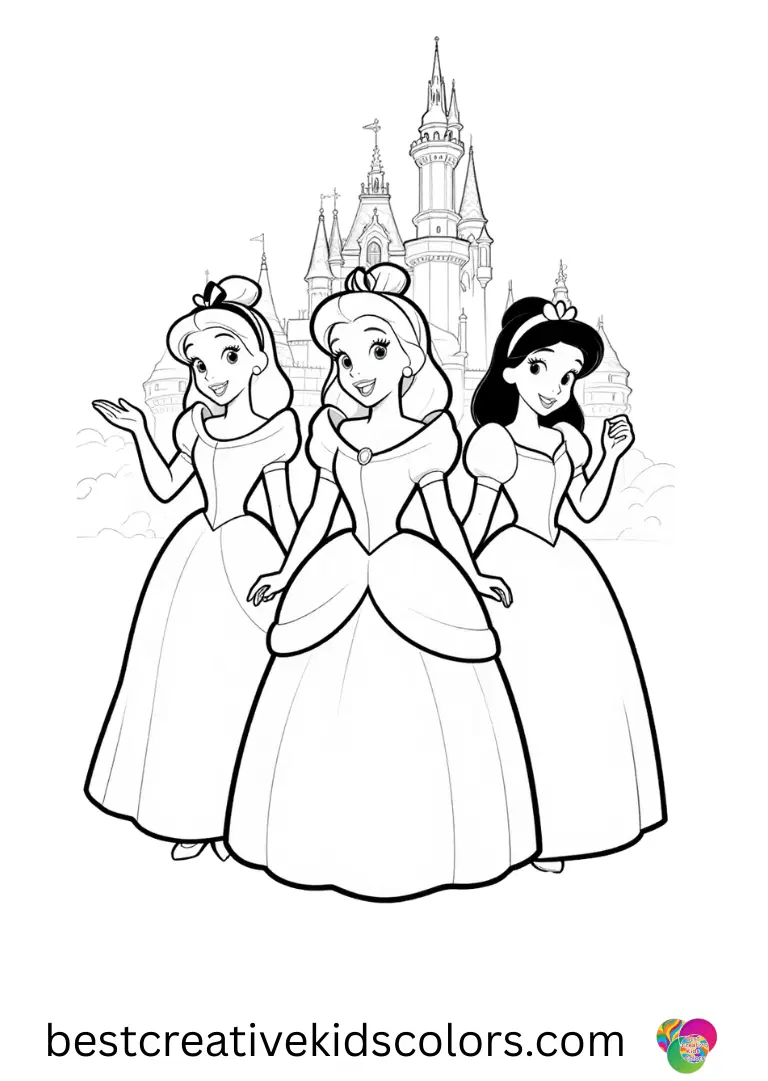Disney princess colouring pages printable disneyland Join princesses visiting Disneyland in bright, kid-friendly, open pages.