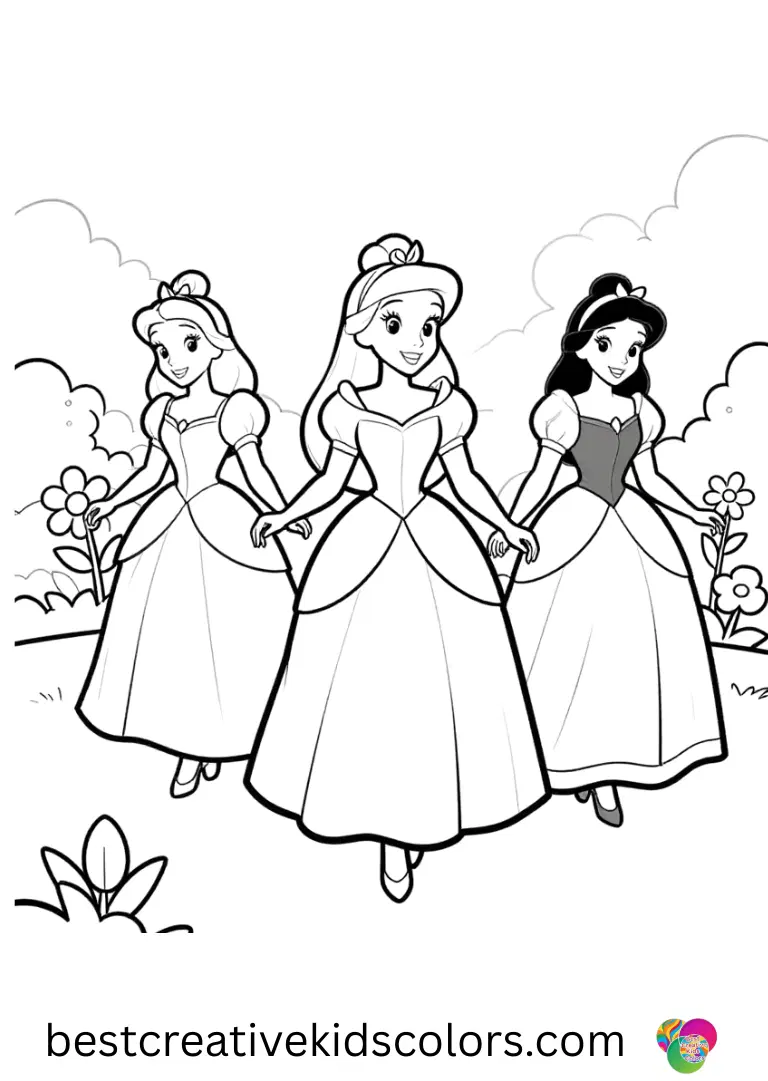Disney princess colouring pages printable pdf free Color princesses enjoying creative park strolls with easy-to-color lines.