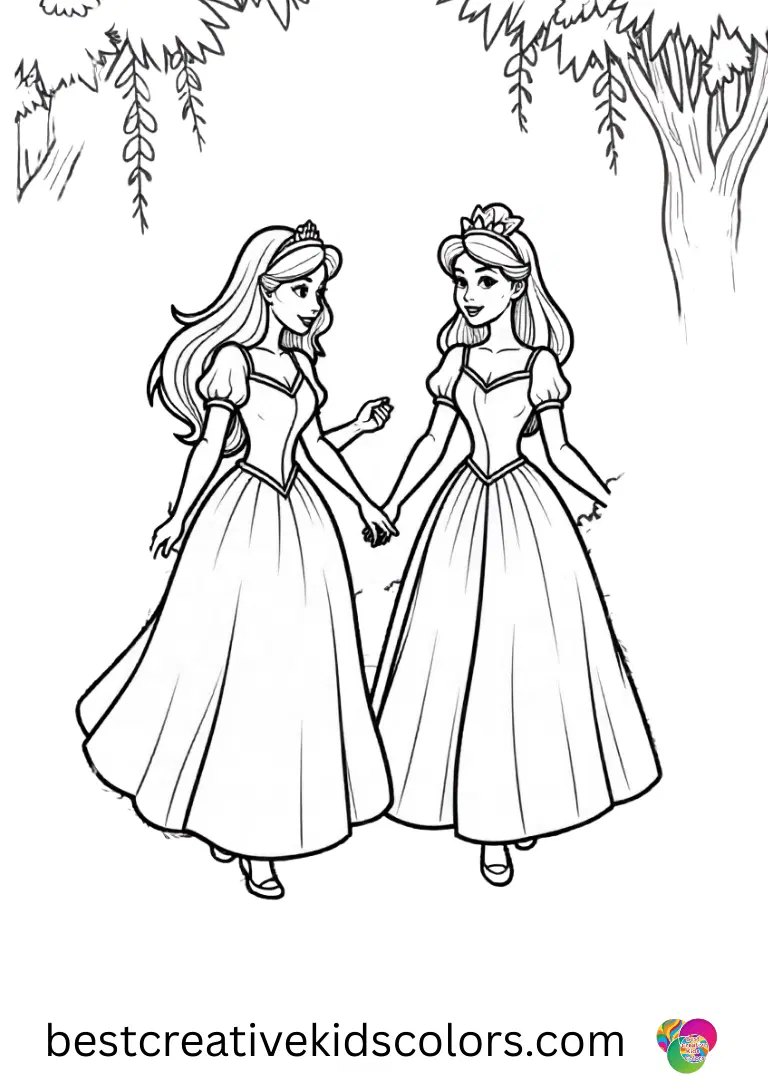 Disney princess colouring pages printable pdf Enjoy Disney princesses exploring playful garden paths with simple, bold outlines.