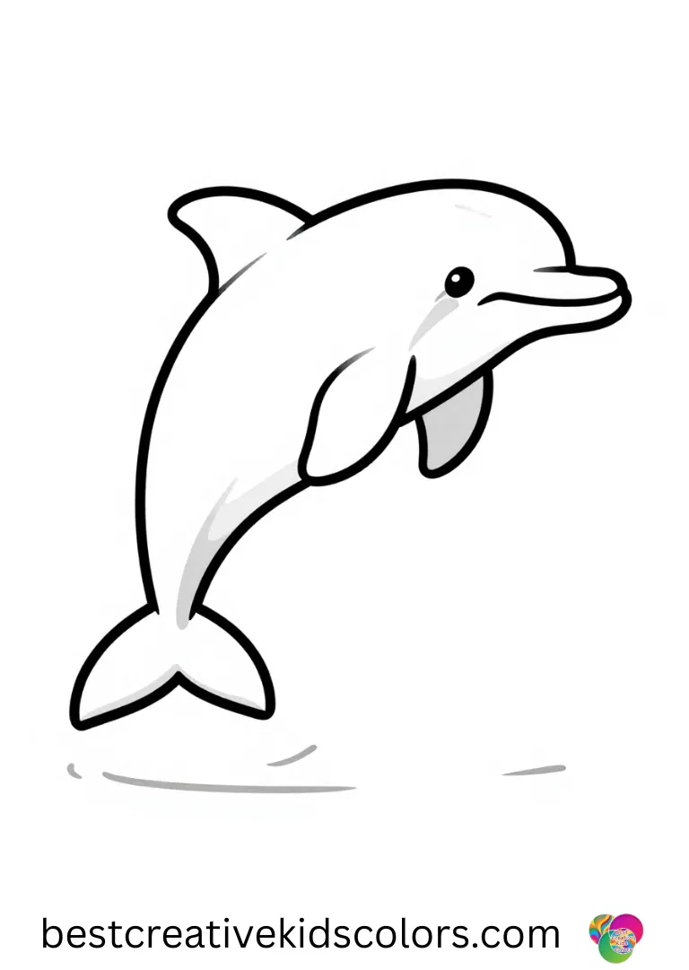 Dolphin Coloring pages for Adults feature a dolphin carving smooth arcs across a glassy ocean surface.