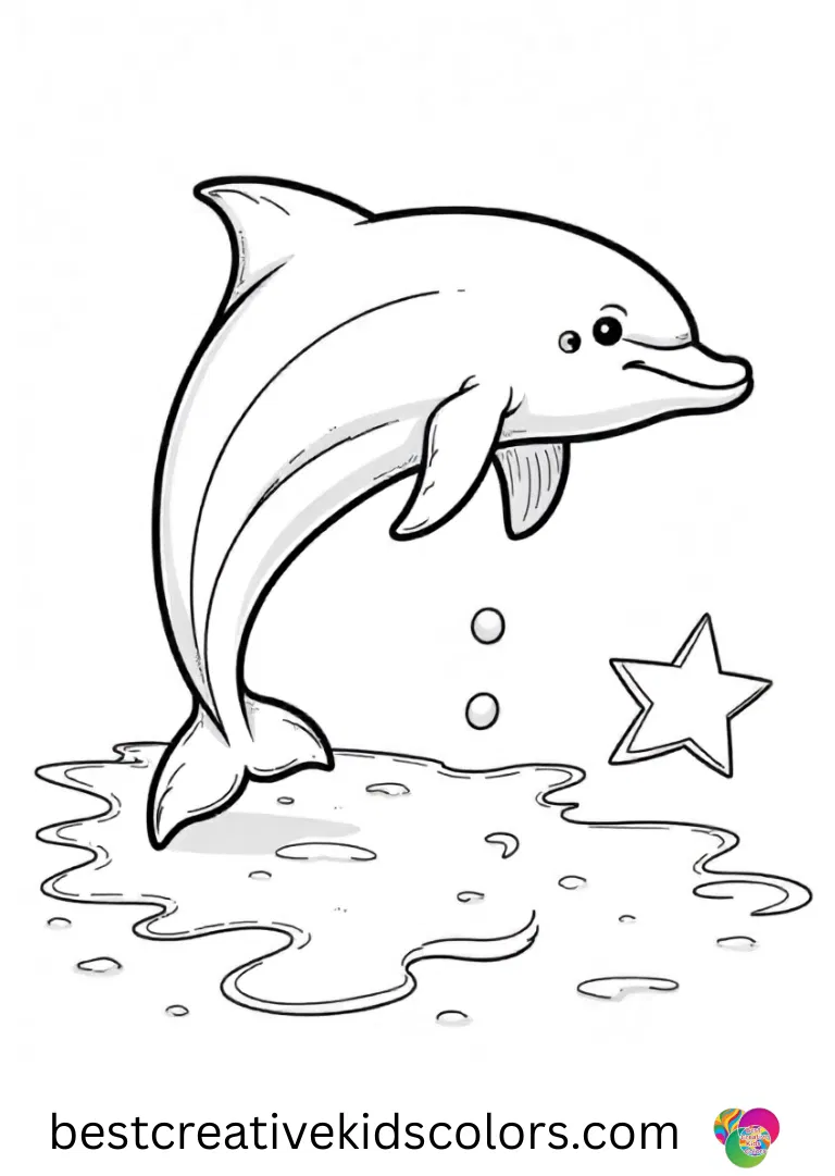 Dolphin color drawing shows a dolphin pressing its fin into wet sand to make playful star shapes.