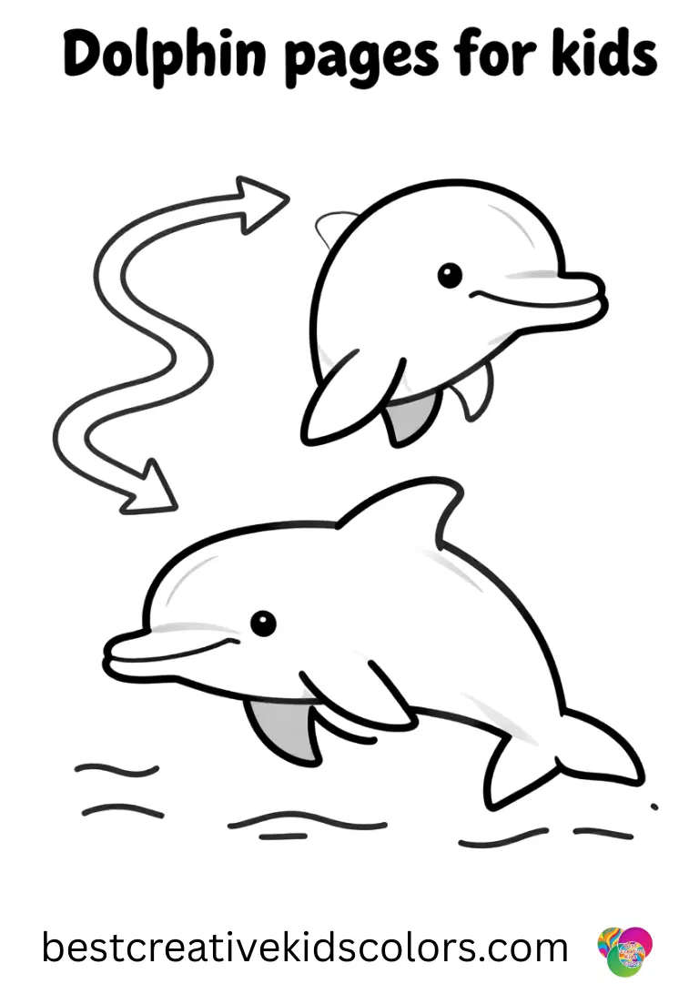 Dolphin coloring pages for kids feature a dolphin following a winding trail of foam arrows across the water.