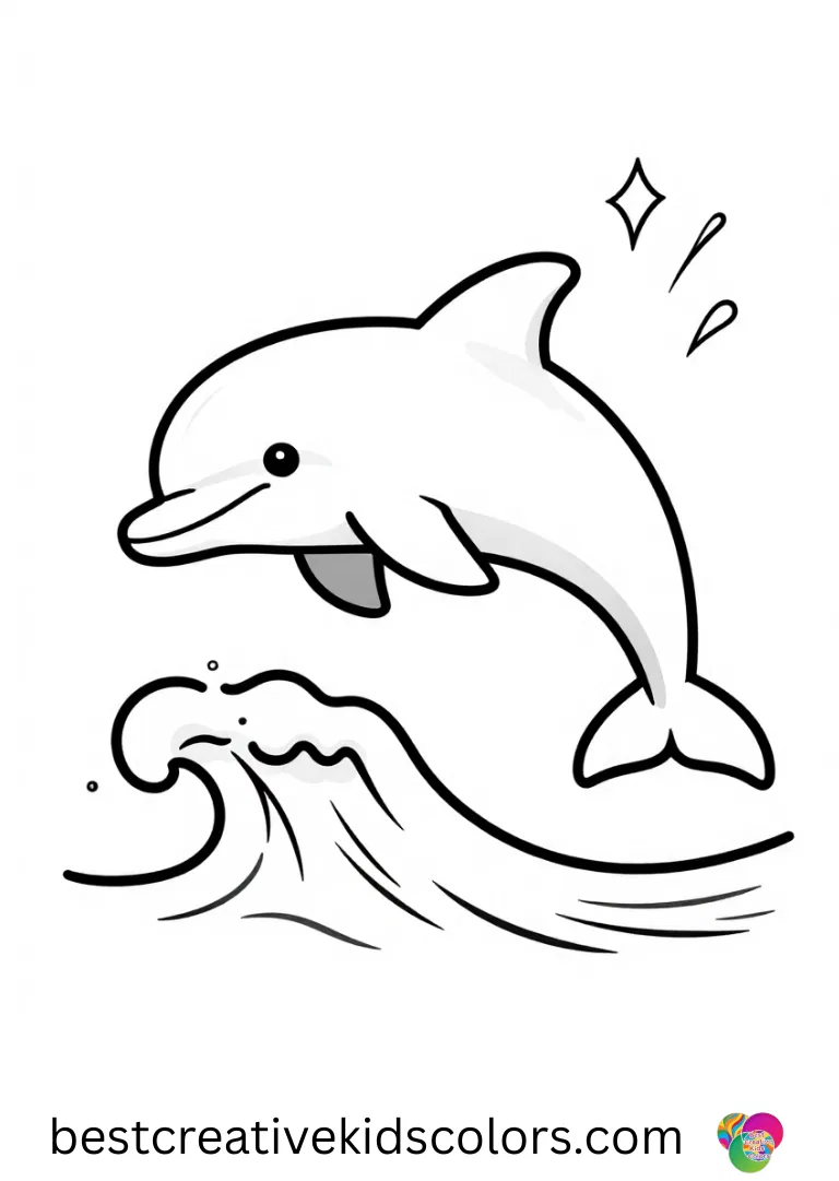 A dolphin balances carefully on a gentle wave crest while sparkling spray drifts behind in Dolphin coloring pages pdf.