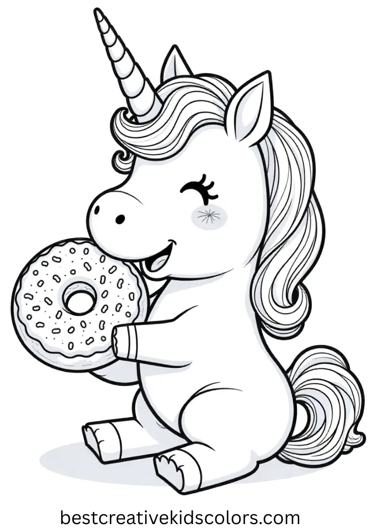 A unicorn enjoys a colorful donut — simple outlines make this printable unicorn coloring page fun and easy.