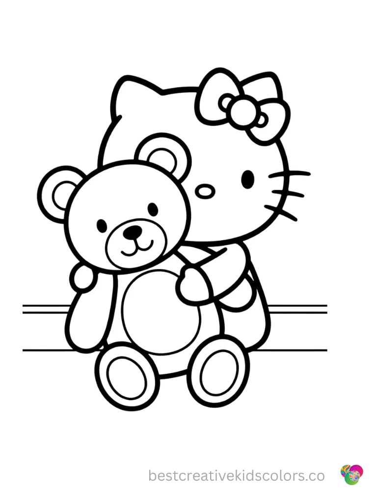 Hello Kitty hugs a huge soft teddy bear tightly in an empty white room.