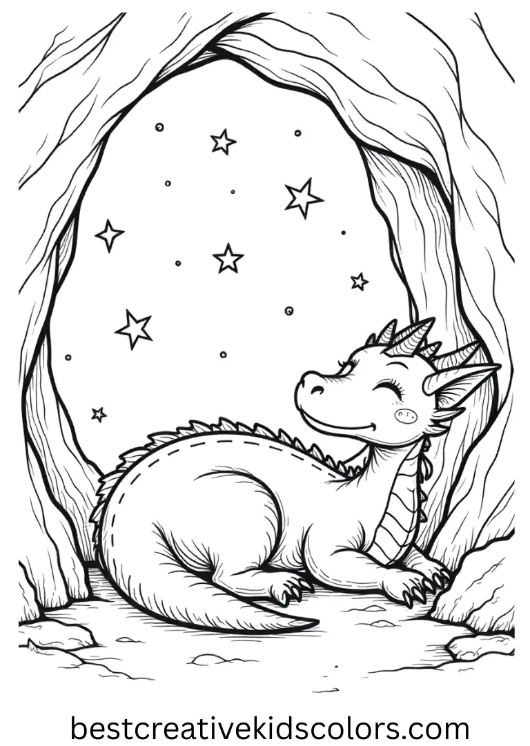 A peaceful dragon curls up under a sparkling, star-filled cave ceiling.