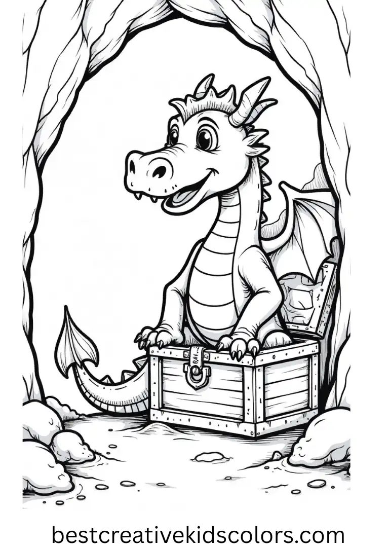 A powerful dragon watches over a glittering treasure chest in a cave.