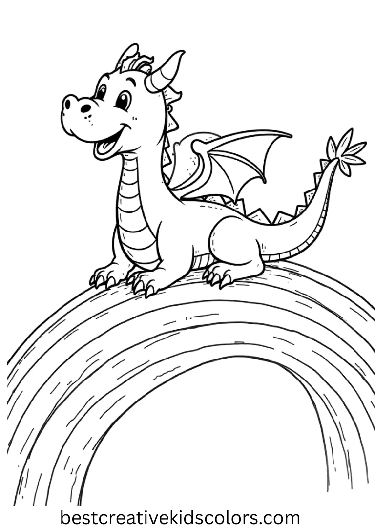 A playful dragon slides joyfully across a vibrant rainbow in the sky.
