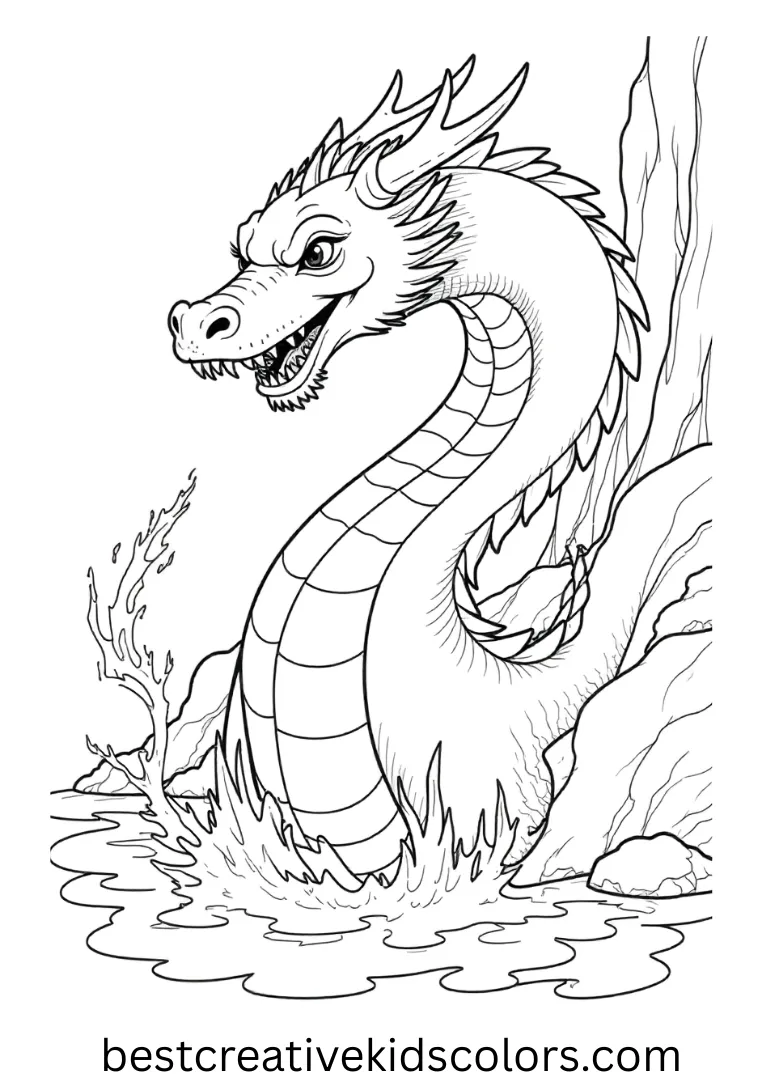 A mystical dragon rises through cascading waterfall mist in the forest.