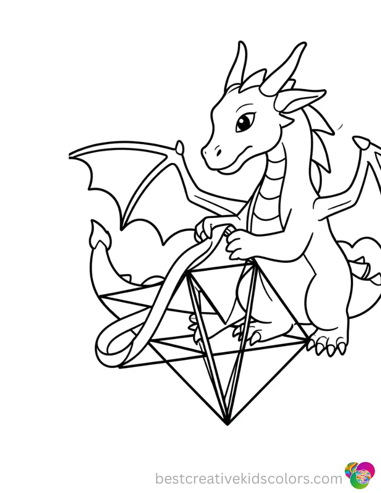 Dragon Master Coloring pages features a dragon arranging colorful ribbons into geometric shapes.