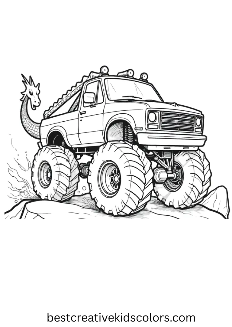 A dragon-themed truck climbs over soft rocky hills. Open spaces and simple curves make coloring easy.