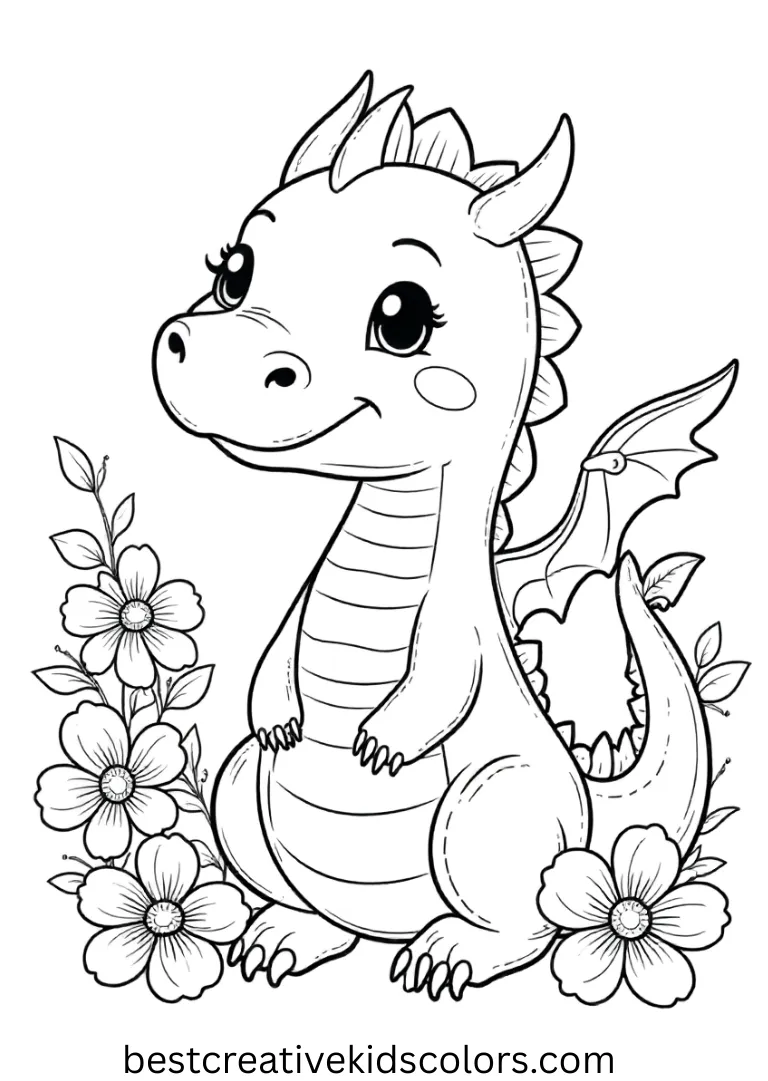 A gentle dragon relaxes among bright, colorful flowers under sunlight.