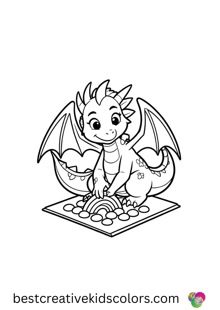 Dragon coloring pages printable PDF shows a dragon arranging rainbow pebbles on a small mat.
