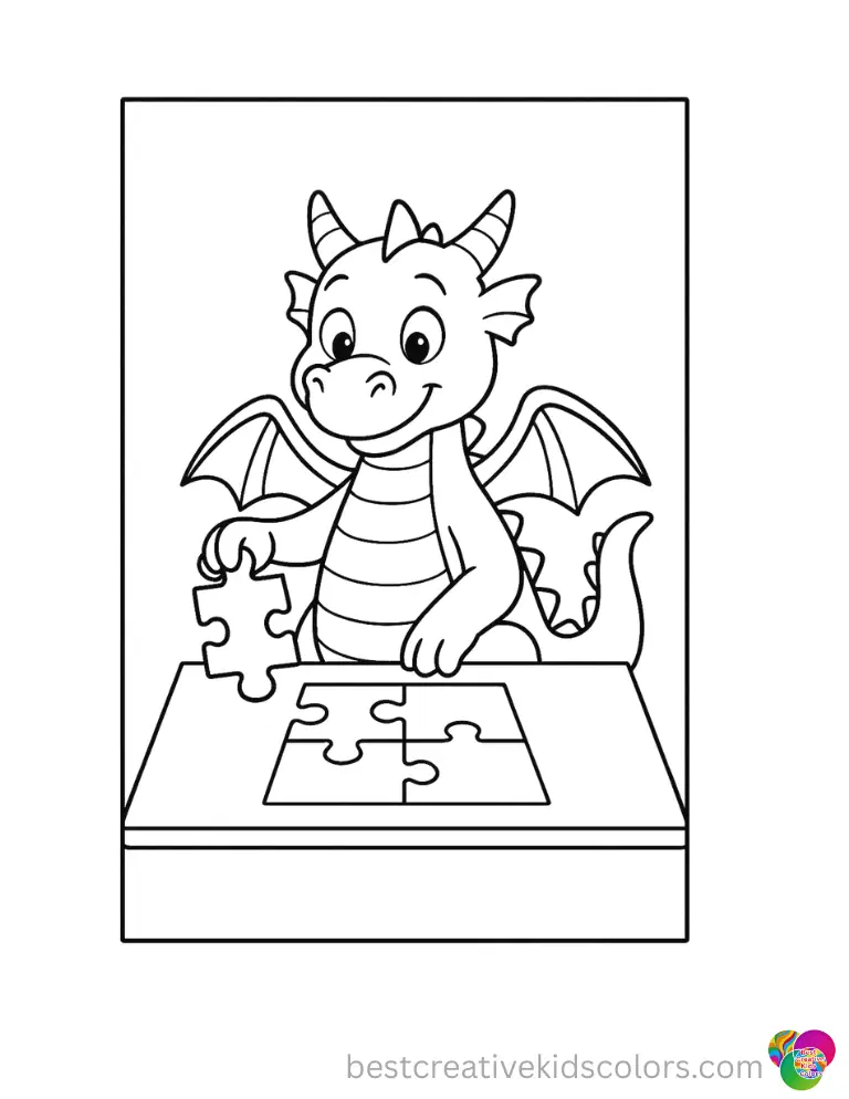 Dragon free coloring Sheet shows a dragon connecting puzzle pieces on a smooth board.