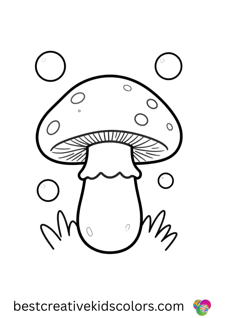 Drawing mushroom drawing diagram step by step shows a mushroom with small floating orbs around it.